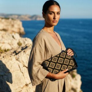 black and beige clutch bag